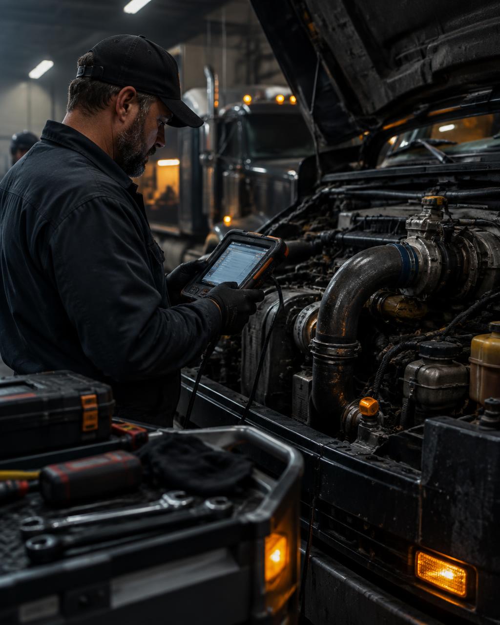 Technician running diagnostics on a diesel engine